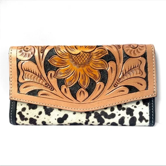 Western Cowhide Leather Sunflower Envelope Wallet Floral Multiple Compartments - Picture 4 of 5
